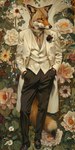 andromorph anthro belt clothing detailed_background floral_background footwear intersex necktie shirt shoes slacks solo suit topwear yellow_eyes bahufaru thomas_doyle_(bahufaru) canid canine canis coyote mammal hi_res