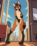 anthro belly black_ears black_feet black_hands black_tail_tip blep blue_eyes breasts brown_hair canid canine city city_background countershading covering covering_crotch covering_self dipstick_tail female hair hand_on_hip hi_res inside long_legs looking_at_viewer low-angle_view mammal maned_wolf markings nipples nude orange_body pink_nipples smile solo standing tail_markings tall theunamusedfox tongue tongue_out white_belly white_body white_countershading white_inner_ear window