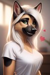 <3 anatomically_correct anthro athletic athletic_female bedroom_eyes canid canine canis clenched_teeth clothing cute_fangs domestic_dog eyelashes female front_view german_shepherd green_eyes hair herding_dog mammal narrowed_eyes pastoral_dog seductive shirt smile smiling_at_viewer solo solo_focus t-shirt teeth tight_female topwear white_clothing white_hair white_shirt white_t-shirt white_topwear