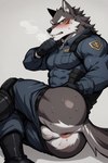 angry annoyed_expression anthro anus balls blush bodily_fluids breath butt clothed clothing genitals looking_at_viewer male muscular panting partially_clothed police raised_tail simple_background solo sweat uniform canid canine canis mammal wolf hi_res