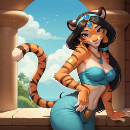 alternate_species anthro black_hair brown_eyes circlet clothed clothing female fur furrification gem hair harem_outfit jewelry looking_away necklace orange_body orange_fur pink_nose solo striped_body striped_fur stripes tied_hair topwear tube_top sagrael disney disney's_aladdin princess_jasmine_(disney) felid mammal pantherine tiger animated no_sound short_playtime webm
