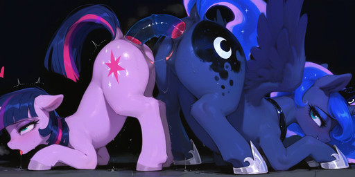 anal anal_penetration animal_genitalia animal_pussy anus ass_up balls black_balls bodily_fluids clitoral_winking clitoris cutie_mark dildo double_dildo duo equine_anus equine_pussy eyelashes feathers female female/female feral genital_fluids genitals hair hooves horn jewelry lying on_front on_ground penetration pussy pussy_juice pussy_juice_string sex_toy sharing_sex_toy side_view smile tail_up tongue transparent_dildo transparent_sex_toy wings tamrad friendship_is_magic my_little_pony princess_luna_(mlp) twilight_sparkle_(mlp) equid equine mammal unicorn winged_unicorn hi_res