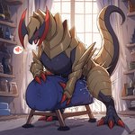 <3 breath breeding_mount claws feral inside leaking looking_at_viewer male masturbation open_mouth orgasm pokemon raised_tail red_sclera solo thrusting tongue count_grey generation_5_pokemon haxorus pokemon_(species) scalie hi_res novelai