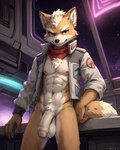 abs anthro athletic athletic_male balls bandanna canid canine cheek_tuft chest_tuft clothed clothing facial_tuft flaccid foreskin fox fox_mccloud fur genitals green_eyes hand_on_hip hi_res humanoid_genitalia humanoid_penis jacket kerchief leaning_on_table looking_at_viewer male mammal mohawk mostly_nude navel nipples orange_body orange_fur partially_clothed penis pubes smile solo space spacecraft spacecraft_interior standing styx343 topwear tuft vehicle white_body white_fur