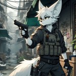 amber_eyes anthro canid canine detailed_background fennec fox gun lucifluffy male mammal ranged_weapon solo techwear weapon wilek