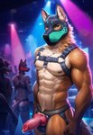 abs animal_genitalia animal_mask animal_penis anthro blue_eyes bodily_fluids canine_genitalia canine_penis chest_harness clothing erection fur genital_fluids genitals harness jockstrap knot leaking_precum looking_at_viewer male mask mostly_nude muscular muscular_anthro muscular_male neon_lights nightclub nipples pecs penis precum pup_mask solo tan_body tan_fur underwear bmrwcl canid canine canis mammal wolf hi_res