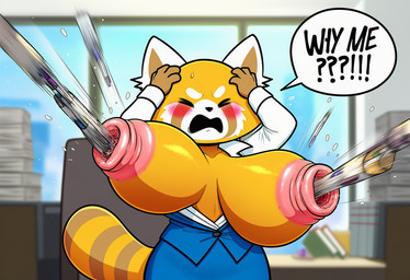 anthro areola big_areola big_breasts blush bodily_fluids bottomwear breasts clothed clothing dialogue exposed_breasts eyes_closed female fingers fur furniture gaping gaping_nipples hand_on_head huge_areola huge_breasts huge_nipples hyper hyper_areola hyper_breasts hyper_nipples inside nipple_fetish nipple_play nipple_vore nipples object_vore office office_clothing open_mouth orange_body orange_fur paper pen screaming shirt solo speech_bubble standing sweat table tail text topwear vacuum_nipples vore window boxen549 aggretsuko sanrio retsuko ailurid mammal red_panda english_text novelai