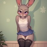 anthro ayclin blush bottomless bottomless_female bottomwear clothed clothing ears_up female genitals inside judy_hopps lagomorph leaning leaning_forward legwear leporid looking_at_viewer mammal miniskirt navel pussy rabbit shy skirt smile solo tanktop zootopia