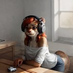 anthro bottomwear clothed clothing female hair headphones lutrine mammal mustelid off_shoulder oldhroft pants red_hair shirt short_hair snout solo standing topwear