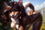 anthro breasts brown_body brown_fur brown_hair canineluvr19 chest_tuft domestic_cat felid feline felis female fur hair hi_res inner_ear_fluff long_hair looking_at_viewer mammal on_all_fours raised_tail smile solo tuft whiskers