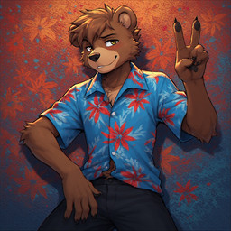 5_fingers aloha_shirt anthro brown_body brown_eyes brown_fur clothed clothing fingers fully_clothed fur gesture lying male on_back pattern_clothing pattern_shirt pattern_topwear shirt smile smiling_at_viewer solo topwear v_sign labrador_(director) unicorn_wars fan_character humanoid mammal ursid