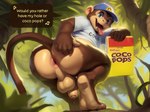 anthro anus balls baseball_cap big_ass bodily_fluids brown_body brown_fur clothed clothing coco_pops coco_the_monkey coontail dialogue dripping foreskin fur genital_fluids genitals haplorhine hat headgear headwear hi_res jungle leaking_precum looking_at_viewer male mammal mascot monkey monkey_tail partially_clothed paws penis pink_anus plant precum precum_drip primate saggy_balls solo tail tree