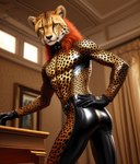 anthro cheetah clothing collar felid feline hair hi_res latex leggings legwear male mammal red_hair seductive solo tease tight_clothing