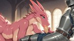 anthro armor belly_scales blue_eyes breasts castle duo eyelashes fellatio female horn human_penetrating inside knight leather long_ears male male/female metal_armor mythology non-mammal_breasts oral penetration penile pink_body scales sex stone_building stone_wall wall_(structure) warrior window bohrain dragon human mammal mythological_creature mythological_scalie scalie wingless_dragon hi_res