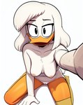 anthro beak black_eyes breasts disney ducktales ducktales_(2017) eyeliner female hair kneeling leaning leaning_forward looking_at_viewer makeup navel nipples non-mammal_breasts non-mammal_nipples nude on_ground open_mouth orange_legs peach_pussy prosthetic prosthetic_leg prosthetic_limb reaching_towards_viewer sagging_breasts scut_tail short_tail simple_background smile solo tuft white_background white_body white_hair white_skin cloud9999 della_duck anatid anseriform avian bird duck colored hi_res