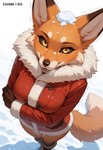 anthro boots clothing crossed_arms female footwear fur fur_coat looking_at_viewer multicolored_body multicolored_fur simple_background smile snow solo standing tail two_tone_body two_tone_fur white_background leyendas_arts alice_the_vixen canid canine fox mammal hi_res