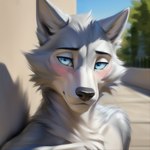 anthro bedroom_eyes black_eyebrows black_nose blue_eyes blush canid canine canis eyebrows feralfresh fur grey_body grey_fur headshot_portrait hi_res legoshi_(beastars) male mammal narrowed_eyes outside plant portrait seductive shaded shadow sidewalk solo solo_focus tree white_body white_fur wolf