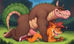 all_fours anal anal_penetration anthro anthro_on_anthro anthro_penetrated anthro_penetrating anthro_penetrating_anthro balls big_dom_small_sub biped blush bodily_fluids brown_body brown_fur butt claws clothing cum dominant drooling duo erection fingerless_gloves footwear foreskin from_behind_position fur genital_fluids genitals gloves grass green_eyes hair handwear humanoid_genitalia humanoid_penis looking_pleasured male male/male male_penetrated male_penetrating male_penetrating_male mostly_nude nude open_mouth orange_body orange_fur outside penetration penile penile_penetration penis penis_in_ass plant precum saliva scales sex shoes size_difference smaller_anthro smaller_male smile sweat tail teeth text tongue tongue_out tree yellow_sclera sergalbutt activision crash_bandicoot_(series) crash_bandicoot dingodile bandicoot canid canine canis crocodile crocodilian crocodylid dingo hybrid mammal marsupial reptile scalie 5:3 hi_res signature url
