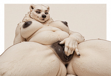 5_fingers anthro areola big_breasts black_nipples black_pussy bodily_fluids breasts curvy_figure female fingering fingering_self fingers fur genital_fluids genitals masturbation navel nipples pussy pussy_juice realistic_fur sitting slightly_chubby solo thick_thighs vaginal vaginal_fingering voluptuous white_body white_fur nnam_si3 mammal polar_bear ursid ursine hi_res