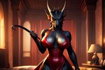 anthro bed bedroom black_body black_scales blizzard_entertainment breasts clothing dracthyr dragon dress female furniture kauket non-mammal_breasts red_clothing red_dress red_eyes scales scalie solo warcraft western_dragon whip world_of_warcraft