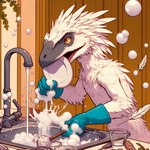 ambiguous_gender anthro bubble cleaning clothing feathered_crest feathers featureless_chest gloves handwear head_crest humor kitchen nude plate sink solo white_body white_feathers terraraptor deinonychus dinosaur dromaeosaurid reptile scalie theropod