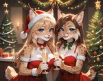 alcohol anthro bare_shoulders beverage blonde_hair breasts brown_hair christmas christmas_clothing christmas_tree cleavage clothed clothing duo female female/female hair holding_glass holding_object long_hair looking_at_viewer medium_breasts plant smile smiling_at_viewer tree magacitl felid feline lynx mammal