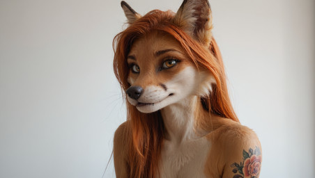 anthro arm_tattoo black_nose detailed_background female fox_ears fur looking_at_viewer orange_body orange_eyes orange_fur realistic_fur realistic_lighting snout solo tattoo impressively_averag3 canid canine fox mammal hi_res