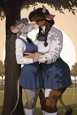 against_natural_surface against_surface against_tree anthro asian bottomwear braided_hair brown_body brown_fur clothing duo eyewear female female/female fur glasses grey_body grey_fur hair hair_over_eyes kissing knee_highs legwear mouse_ears mouse_tail multicolored_body outside park plant romantic round_glasses school_uniform skirt sunset tail tail_tuft thick_thighs tree tuft uniform milky-white bovid bovine cattle mammal mouse murid murine rodent hi_res