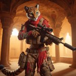 anthro blue_eyes clothed clothing desert female fur gun ranged_weapon red_clothing rifle solo spots spotted_body spotted_fur tactical_gear temple weapon omgechounknown felid feline jaguar mammal pantherine