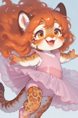 anthro ballet bottomwear clothing cub cutieneko dancewear dress female fur hair happy mila_(cutieneko) orange_body orange_eyes orange_fur orange_hair pink_clothing pink_dress skirt solo toddler tutu young felid feline leopardus mammal ocelot