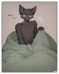 anthro bed_sheet bedding black_body black_fur blue_eyes blush bulge confusion erection fur genital_outline genitals humanoid_genitalia looking_at_viewer male nude penis penis_outline simple_background solo tuft nonimousmate tom_the_cat domestic_cat felid feline felis humanoid mammal