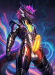 anthro armor balls dragon genitals glowing glowing_genitalia glowing_penis hair hi_res horn icefoxai male penis pink_eyes pink_hair psychedelic red_body red_scales scales solo white_balls