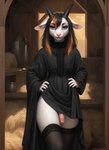 ambiguous_gender anthro black_clothing black_dress black_hair blue_eyes bovid caprine clothing dress genitals goat hair hands_on_hips hay hi_res horn icefoxai long_hair mammal open_mouth orange_hair penis pink_nose solo whiskers white_ears