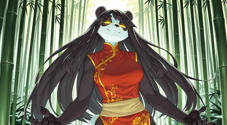 anthro asian_clothing bamboo bamboo_forest chinese_clothing chinese_dress clothing dress east_asian_clothing female forest glowing glowing_eyes hair long_hair looking_at_viewer low-angle_view multicolored_body narrowed_eyes plant smile solo tree yellow_eyes puffy_peter giant_panda mammal ursid hi_res