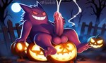 3_toes anthro balls big_penis biped bodily_fluids cum cumshot detailed_background ejaculation erection feet fence fingers food fruit full_moon genital_fluids genitals glans grin halloween holidays humanoid_genitalia humanoid_penis jack-o'-lantern male masturbation moon night nude orgasm outside penile penile_masturbation penis plant pumpkin purple_body sitting smile solo text toes tree vein veiny_penis sergalbutt nintendo pokemon generation_1_pokemon gengar pokemon_(species) 5:3 signature url