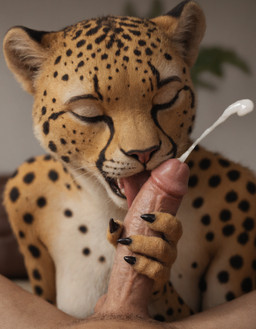 4_fingers anthro bodily_fluids claws cum cumshot duo ejaculation eyes_closed female fingers genital_fluids genitals handjob human_on_anthro inside interspecies licking male male/female nude oral penile penis penis_grab penis_lick sex tongue tongue_out wintertreat cheetah felid feline human mammal hi_res