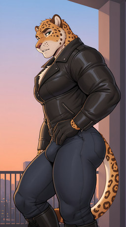 anthro balcony big_butt biker biker's_wear boots bottomwear bulge butt chest_tuft city city_background cityscape clothed clothing denim denim_clothing footwear fully_clothed fur gloves handwear jacket jeans leather leather_clothing leather_gloves leather_handwear leather_jacket leather_topwear looking_at_viewer male manly markings multicolored_body multicolored_fur muscular muscular_male one_eye_closed pants side_view solo spots spotted_markings sunset tan_body tan_fur thick_thighs tight_bottomwear tight_clothing tight_pants topwear tuft two_tone_body two_tone_fur walking wink winking winking_at_viewer yellow_body yellow_fur promagentis felid jaguar mammal pantherine hi_res