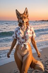 aloha_shirt anthro beach bottomless clothed clothing female genitals looking_at_viewer pattern_clothing pattern_shirt pattern_topwear pussy sand sea seaside shirt smile solo standing topwear water denis0k canid canine fox mammal