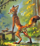 anthro anus butt canid canine casual_nudity collar collar_only dripping_paint erection flower fox genitals heck_incarnate knot leaning leaning_forward looking_at_viewer looking_back looking_back_at_viewer male mammal mostly_nude nick_wilde nude outdoor_nudity outside painting_(artwork) plant pose presenting presenting_hindquarters raised_tail rear_view smile solo traditional_media_(artwork) tree zootopia