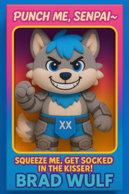 4_fingers anthro armor biped black_nose blue_body blue_clothing blue_eyes blue_hair border bottomwear cheek_tuft chibi clothed clothing countershading eyebrows facial_tuft fingers fist fur grey_body grey_fur grin hair loincloth looking_at_viewer male multicolored_body parody pauldron plushie shoulder_guards shoulder_pads simple_background smile solo standing tail teeth text tuft two_tone_body vambrace thebigbradwulf brad_wulf_(thebigbradwulf) animate_inanimate canid canine canis humanoid mammal wolf digital_media_(artwork) english_text hi_res meme official_art portrait