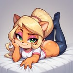 anthro bed big_butt blonde_hair bottomless butt cecil clothed clothing coco_bandicoot eyebrows female furniture green_eyes hair hand_on_face legwear looking_at_viewer makeup on_bed raised_eyebrows shirt smug solo t-shirt thigh_highs topwear wide_hips