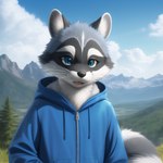 ai anthro blue_body blue_eyes clothing cloud digimacska17 fur grass grey_body hair hi_res looking_at_viewer male mammal multicolored_body outside plant procyonid raccoon smile snout solo tree tuft white_body white_fur