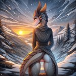 anthro butt clothed clothing detailed_background dragon female genitals hi_res horn looking_at_viewer looking_back looking_back_at_viewer partially_clothed pussy scales snow solo standing sunset tail_aside