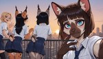anthro biped blue_eyes bottomwear city city_background city_skyline cityscape clothing female group inner_ear_fluff necktie prick_ears railing school_uniform skirt smile tuft uniform anonymous_director invoke_high felid feline human lynx mammal hi_res