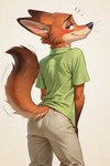 anthro blush blushing_at_viewer bottomwear clothing disney green_clothing green_eyes looking_at_viewer looking_back looking_back_at_viewer looking_pleasured male narrowed_eyes pants raised_tail shirt simple_background solo surprise tail_motion tailwag topwear white_background angry_puppy zootopia nick_wilde canid canine canis fox mammal hi_res