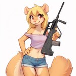 5_fingers anthro arm_tuft assault_rifle blonde_hair bottomwear breasts clothed clothing cutoffs denim denim_bottomwear denim_clothing eyebrows eyelashes female fingers fluffy fluffy_tail fur gun hair hand_on_hip holding_gun holding_object holding_weapon hotpants long_hair looking_at_viewer midriff navel off_shoulder pink_nose pose ranged_weapon red_eyes rifle shirt shorts simple_background smile solo standing tan_body tan_fur teeth topwear tuft weapon white_background unknown_director mila_minx mammal mink mustelid musteline true_musteline hi_res portrait shaded three-quarter_portrait