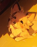 ambiguous_gender ears_up feral fluffy fluffy_fur fur high-angle_view inner_ear_fluff looking_at_viewer looking_up looking_up_at_viewer simple_background tuft yellow_body yellow_eyes yellow_fur aphid butterwolf canid canine canis domestic_dog mammal attempted_signature hi_res shaded