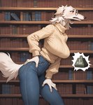 anthro big_breasts blush book bookshelf bottomwear breasts clothed clothing denim denim_bottomwear denim_clothing eyewear female female_anthro fur furniture glasses hand_on_butt hand_on_hip inside jeans leaning leaning_forward library open_mouth pants red_eyes round_glasses solo standing sweater tight_clothing topwear turtleneck weights white_body white_fur anotheranon borzoi canid canine canis domestic_dog hunting_dog mammal sighthound absurd_res hi_res