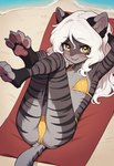 anthro beach bikini breasts clothing female legs_up long_legs looking_at_viewer lying on_back paws seaside small_breasts solo swimwear teenager young foxlover7796 amalia_(claralaine) domestic_cat felid feline felis mammal hi_res
