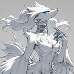 accessory blue_eyes breasts claws collar female fur furgonomics looking_at_viewer metal_collar navel simple_background solo tail_accessory white_body white_fur unknown_director nintendo pokemon dragon generation_5_pokemon humanoid legendary_pokemon pokemon_(species) reshiram